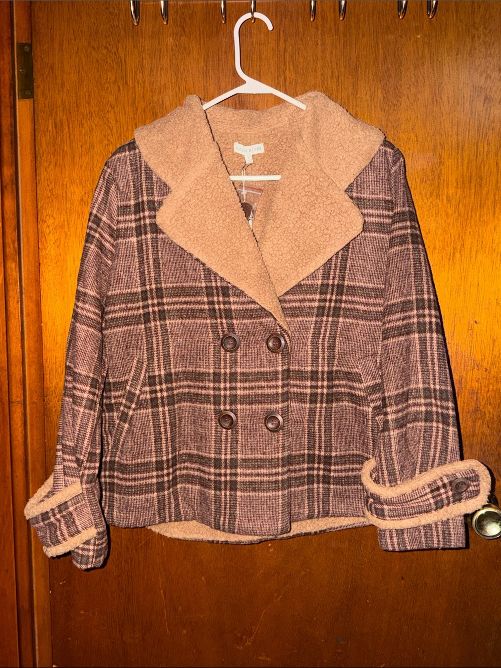 Moon River Brown Plaid Sherpa-Collar Peacoat